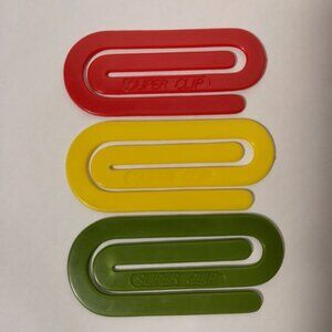 Super Clip Giant Plastic Paper Clip Lot of 3 Red Yellow Green Hong Kong 3.75"